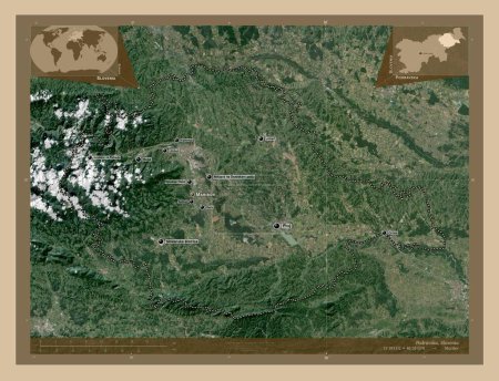 Photo for Podravska, statistical region of Slovenia. Low resolution satellite map. Locations and names of major cities of the region. Corner auxiliary location maps - Royalty Free Image