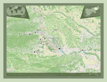 Foto de Podravska, región estadística de Eslovenia. Open Street Map. Ubicaciones y nombres de las principales ciudades de la región. Mapas de ubicación auxiliares de esquina - Imagen libre de derechos