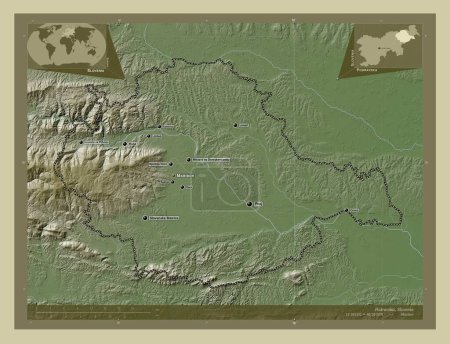 Foto de Podravska, región estadística de Eslovenia. Mapa de elevación coloreado en estilo wiki con lagos y ríos. Ubicaciones y nombres de las principales ciudades de la región. Mapas de ubicación auxiliares de esquina - Imagen libre de derechos
