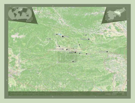 Téléchargez les photos : Savinjska, statistical region of Slovenia. Open Street Map. Locations and names of major cities of the region. Corner auxiliary location maps - en image libre de droit