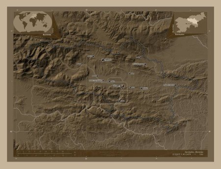 Téléchargez les photos : Savinjska, statistical region of Slovenia. Elevation map colored in sepia tones with lakes and rivers. Locations and names of major cities of the region. Corner auxiliary location maps - en image libre de droit