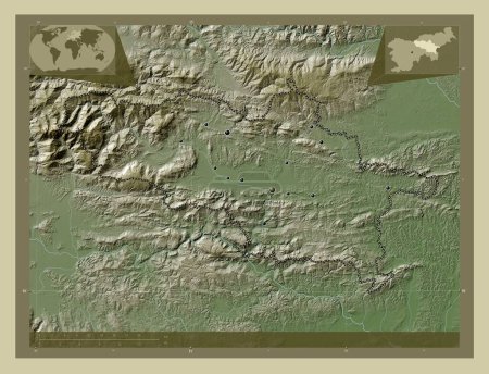 Photo for Savinjska, statistical region of Slovenia. Elevation map colored in wiki style with lakes and rivers. Locations of major cities of the region. Corner auxiliary location maps - Royalty Free Image