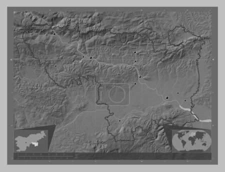 Téléchargez les photos : Spodnjeposavska, statistical region of Slovenia. Grayscale elevation map with lakes and rivers. Locations of major cities of the region. Corner auxiliary location maps - en image libre de droit