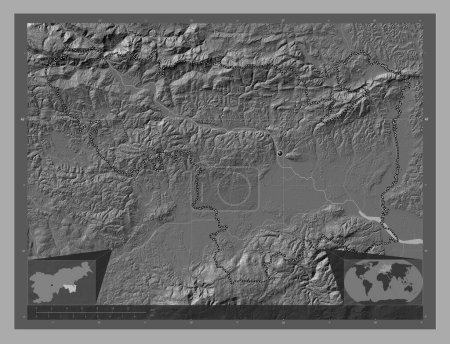 Téléchargez les photos : Spodnjeposavska, statistical region of Slovenia. Bilevel elevation map with lakes and rivers. Corner auxiliary location maps - en image libre de droit