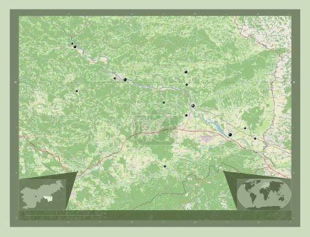 Téléchargez les photos : Spodnjeposavska, statistical region of Slovenia. Open Street Map. Locations of major cities of the region. Corner auxiliary location maps - en image libre de droit
