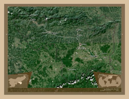 Photo for Spodnjeposavska, statistical region of Slovenia. Low resolution satellite map. Locations and names of major cities of the region. Corner auxiliary location maps - Royalty Free Image