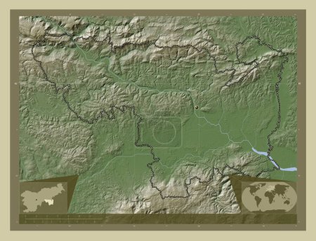 Téléchargez les photos : Spodnjeposavska, statistical region of Slovenia. Elevation map colored in wiki style with lakes and rivers. Corner auxiliary location maps - en image libre de droit
