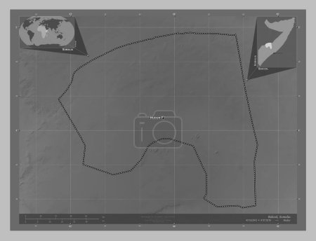 Foto de Bakool, region of Somalia. Grayscale elevation map with lakes and rivers. Locations and names of major cities of the region. Corner auxiliary location maps - Imagen libre de derechos