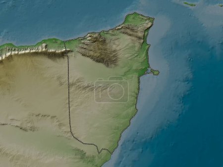 Téléchargez les photos : Bari, région de Somalie. Carte d'altitude colorée dans le style wiki avec des lacs et des rivières - en image libre de droit