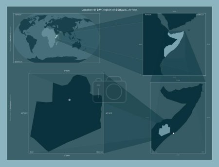 Photo for Bay, region of Somalia. Diagram showing the location of the region on larger-scale maps. Composition of vector frames and PNG shapes on a solid background - Royalty Free Image