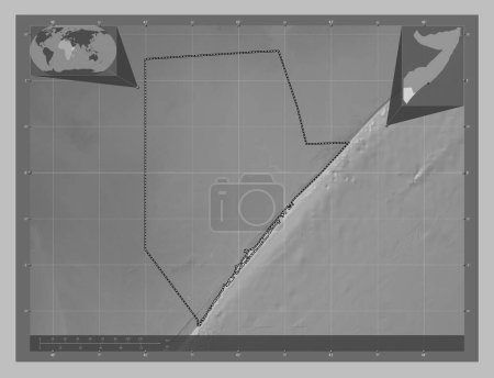 Photo for Jubbada Hoose, region of Somalia. Grayscale elevation map with lakes and rivers. Corner auxiliary location maps - Royalty Free Image