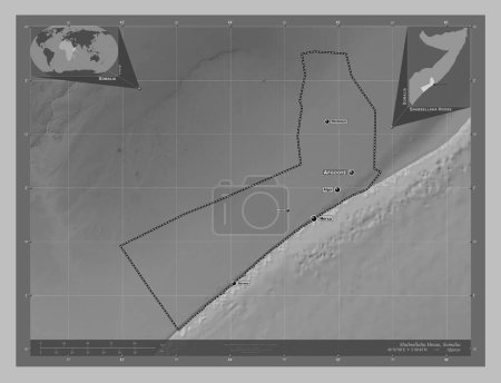 Photo for Shabeellaha Hoose, region of Somalia. Grayscale elevation map with lakes and rivers. Locations and names of major cities of the region. Corner auxiliary location maps - Royalty Free Image