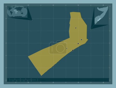 Photo for Shabeellaha Hoose, region of Somalia. Solid color shape. Locations of major cities of the region. Corner auxiliary location maps - Royalty Free Image
