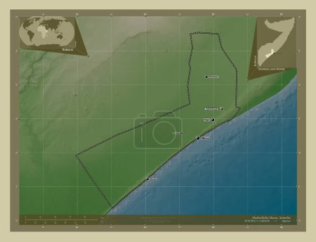 Photo for Shabeellaha Hoose, region of Somalia. Elevation map colored in wiki style with lakes and rivers. Locations and names of major cities of the region. Corner auxiliary location maps - Royalty Free Image