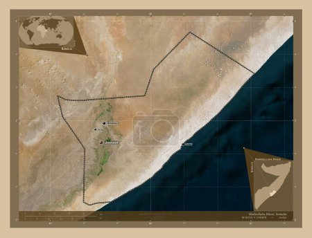 Téléchargez les photos : Shabeellaha Dhexe, région de Somalie. Carte satellite basse résolution. Emplacements et noms des grandes villes de la région. Corner cartes de localisation auxiliaires - en image libre de droit