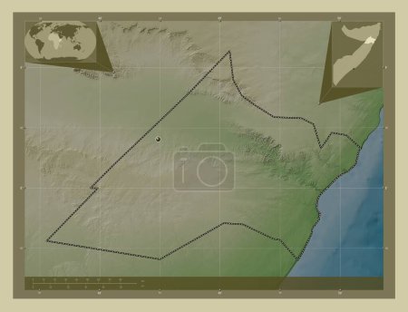 Téléchargez les photos : Nugaal, region of Somalia. Elevation map colored in wiki style with lakes and rivers. Corner auxiliary location maps - en image libre de droit