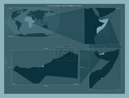 Foto de Sahil, región de Somalia. Diagrama que muestra la ubicación de la región en mapas a gran escala. Composición de marcos vectoriales y formas PNG sobre un fondo sólido - Imagen libre de derechos