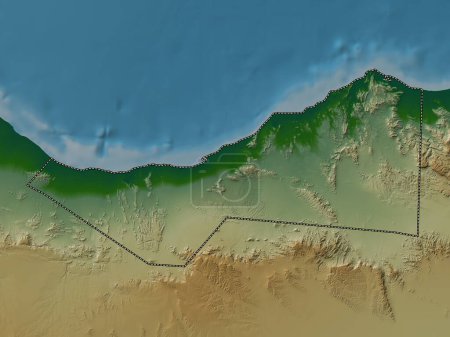 Téléchargez les photos : Sahil, region of Somalia. Colored elevation map with lakes and rivers - en image libre de droit