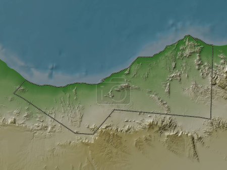 Foto de Sahil, región de Somalia. Mapa de elevación coloreado en estilo wiki con lagos y ríos - Imagen libre de derechos