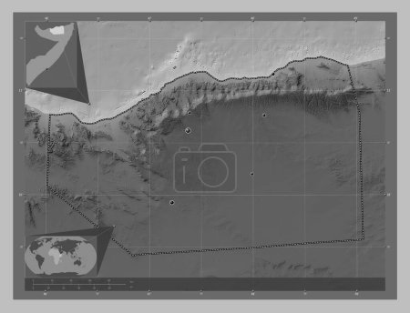 Photo for Sanaag, region of Somalia. Grayscale elevation map with lakes and rivers. Locations of major cities of the region. Corner auxiliary location maps - Royalty Free Image