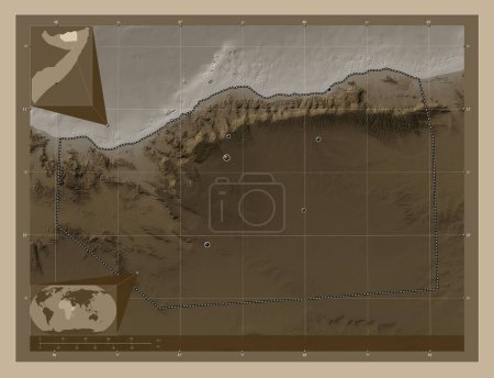 Photo for Sanaag, region of Somalia. Elevation map colored in sepia tones with lakes and rivers. Locations of major cities of the region. Corner auxiliary location maps - Royalty Free Image