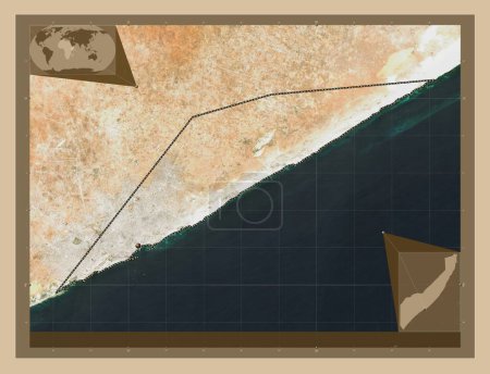 Téléchargez les photos : Banaadir, region of Somalia Mainland. Low resolution satellite map. Locations of major cities of the region. Corner auxiliary location maps - en image libre de droit
