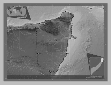 Photo for Bari, region of Somalia Mainland. Grayscale elevation map with lakes and rivers. Locations and names of major cities of the region. Corner auxiliary location maps - Royalty Free Image