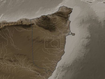 Photo for Bari, region of Somalia Mainland. Elevation map colored in sepia tones with lakes and rivers - Royalty Free Image