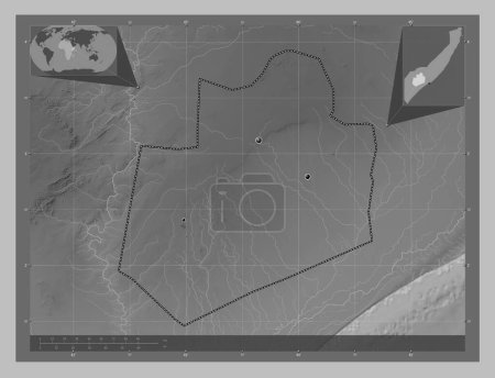 Photo for Bay, region of Somalia Mainland. Grayscale elevation map with lakes and rivers. Locations of major cities of the region. Corner auxiliary location maps - Royalty Free Image