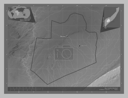 Photo for Bay, region of Somalia Mainland. Grayscale elevation map with lakes and rivers. Locations and names of major cities of the region. Corner auxiliary location maps - Royalty Free Image
