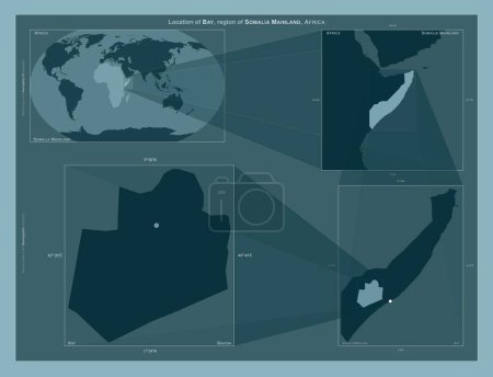 Photo for Bay, region of Somalia Mainland. Diagram showing the location of the region on larger-scale maps. Composition of vector frames and PNG shapes on a solid background - Royalty Free Image