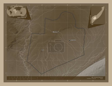 Photo for Bay, region of Somalia Mainland. Elevation map colored in sepia tones with lakes and rivers. Locations and names of major cities of the region. Corner auxiliary location maps - Royalty Free Image
