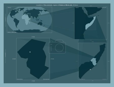 Photo for Galgaduud, region of Somalia Mainland. Diagram showing the location of the region on larger-scale maps. Composition of vector frames and PNG shapes on a solid background - Royalty Free Image