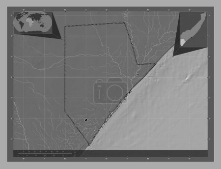 Photo for Jubbada Hoose, region of Somalia Mainland. Bilevel elevation map with lakes and rivers. Locations of major cities of the region. Corner auxiliary location maps - Royalty Free Image