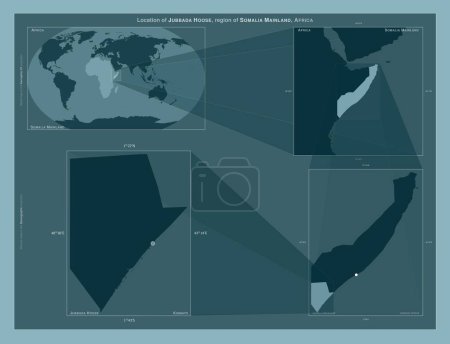 Photo for Jubbada Hoose, region of Somalia Mainland. Diagram showing the location of the region on larger-scale maps. Composition of vector frames and PNG shapes on a solid background - Royalty Free Image