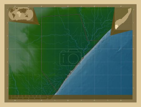 Téléchargez les photos : Jubbada Hoose, region of Somalia Mainland. Colored elevation map with lakes and rivers. Corner auxiliary location maps - en image libre de droit