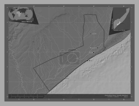 Photo for Shabeellaha Hoose, region of Somalia Mainland. Bilevel elevation map with lakes and rivers. Locations and names of major cities of the region. Corner auxiliary location maps - Royalty Free Image
