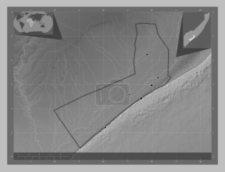 Photo for Shabeellaha Hoose, region of Somalia Mainland. Grayscale elevation map with lakes and rivers. Locations of major cities of the region. Corner auxiliary location maps - Royalty Free Image