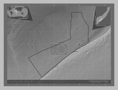 Photo for Shabeellaha Hoose, region of Somalia Mainland. Grayscale elevation map with lakes and rivers. Locations and names of major cities of the region. Corner auxiliary location maps - Royalty Free Image
