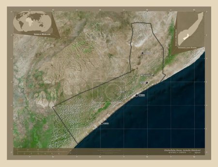 Téléchargez les photos : Shabeellaha Hoose, région de Somalie continentale. Carte satellite haute résolution. Emplacements et noms des grandes villes de la région. Corner cartes de localisation auxiliaires - en image libre de droit