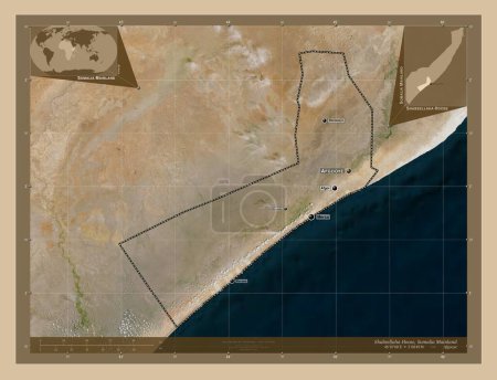 Photo for Shabeellaha Hoose, region of Somalia Mainland. Low resolution satellite map. Locations and names of major cities of the region. Corner auxiliary location maps - Royalty Free Image