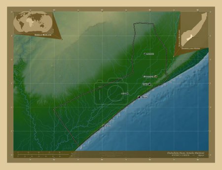 Photo for Shabeellaha Hoose, region of Somalia Mainland. Colored elevation map with lakes and rivers. Locations and names of major cities of the region. Corner auxiliary location maps - Royalty Free Image