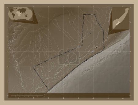Photo for Shabeellaha Hoose, region of Somalia Mainland. Elevation map colored in sepia tones with lakes and rivers. Locations of major cities of the region. Corner auxiliary location maps - Royalty Free Image