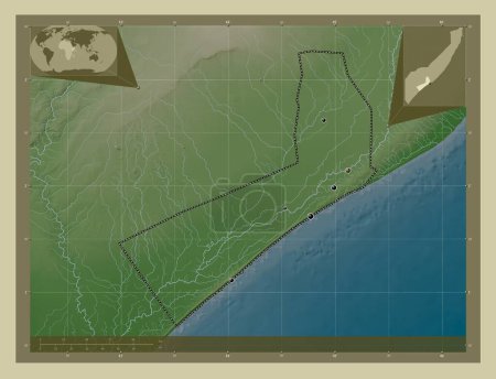 Photo for Shabeellaha Hoose, region of Somalia Mainland. Elevation map colored in wiki style with lakes and rivers. Locations of major cities of the region. Corner auxiliary location maps - Royalty Free Image