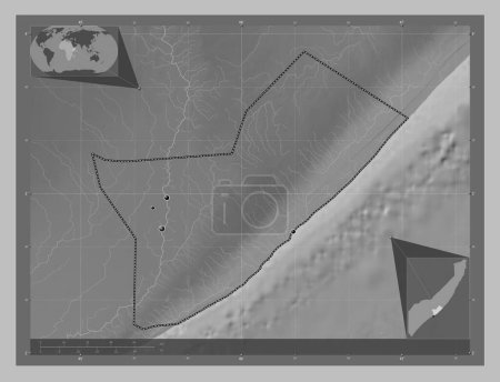 Photo for Shabeellaha Dhexe, region of Somalia Mainland. Grayscale elevation map with lakes and rivers. Locations of major cities of the region. Corner auxiliary location maps - Royalty Free Image