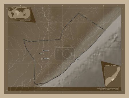 Photo for Shabeellaha Dhexe, region of Somalia Mainland. Elevation map colored in sepia tones with lakes and rivers. Locations and names of major cities of the region. Corner auxiliary location maps - Royalty Free Image