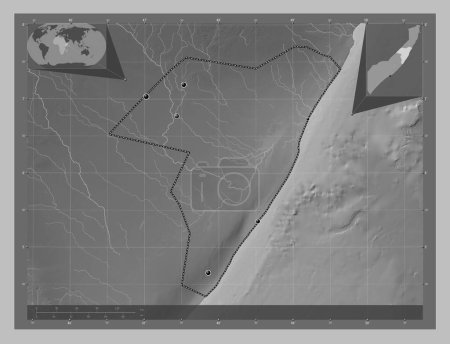 Photo for Mudug, region of Somalia Mainland. Grayscale elevation map with lakes and rivers. Locations of major cities of the region. Corner auxiliary location maps - Royalty Free Image