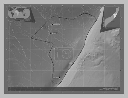 Photo for Mudug, region of Somalia Mainland. Grayscale elevation map with lakes and rivers. Locations and names of major cities of the region. Corner auxiliary location maps - Royalty Free Image