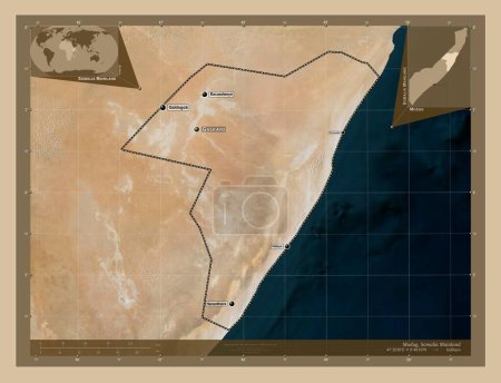 Photo for Mudug, region of Somalia Mainland. Low resolution satellite map. Locations and names of major cities of the region. Corner auxiliary location maps - Royalty Free Image