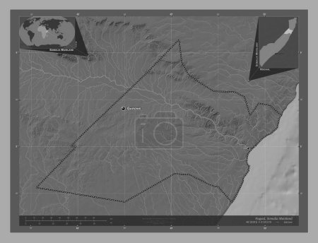Photo for Nugaal, region of Somalia Mainland. Bilevel elevation map with lakes and rivers. Locations and names of major cities of the region. Corner auxiliary location maps - Royalty Free Image